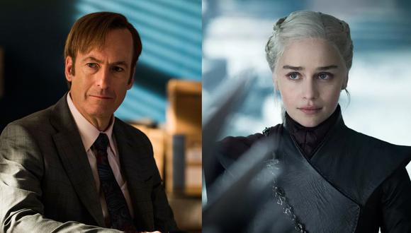 A la izquierda Bob Odenkirk como el ladino Jimmy de "Better Call Saul"; a la derecha, Emilia Clarke como Daenery Targaryen, breve gobernante de los Siete Reinos de "Game of Thrones". Fotos: Netflix/ HBO.