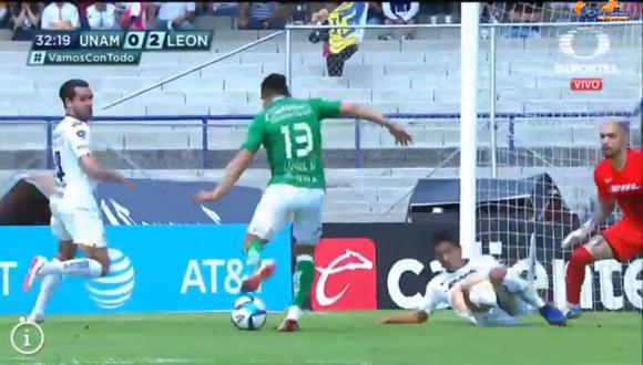 José Macías y Ángel Mena se encargaron de anotar los dos primeros goles en el Pumas vs. León a favor del cuadro visitante (Foto: captura de pantalla)