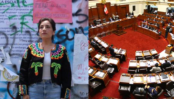 A la izquierda, Julia Thays en una foto promocional para “2021: Violeta y los reptilianos”. A la derecha, el hemiciclo
del Congreso de la República, al cual la protagonista aspira llegar. Fotos: FAE/ Archivo de El Comercio.oleta