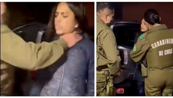 Un video difundido en redes sociales muestra cómo el carabinero toma violentamente del cuello a la constituyente Tiare Aguilera para intentar detenerla. (Captura de video, Twitter).