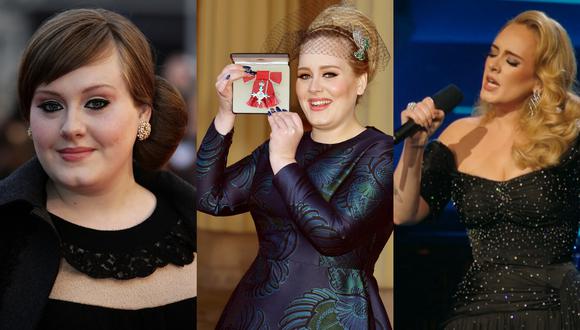 De izquierda a derecha, Adele en 2008, en los Mercury Music Awards. Al centro, en 2013, cuando recibió la Orden del Imperio Británico. A la derecha, en el especial que grabó para ITV en 2021. Fotos: AFP/ ITV.