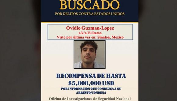 El cartel en el que se ofrecen US$5 millones por información que llevara a la captura de Ovidio Guzmán. (Departamento de Estado de Estados Unidos).