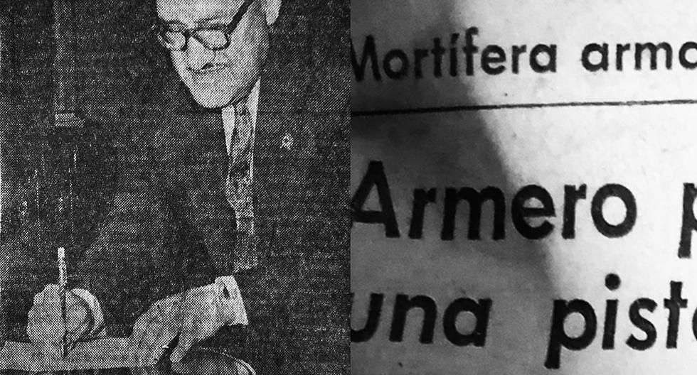El ex capitán del Ejército y armero, Manuel Orrillo Salinas demostrando que con su "lapicero-pistola" también se podía escribir. Fue noticia de portada en 1960. (Foto: GEC Archivo Histórico)