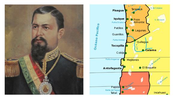 Hilarión Daza era el presidente de Bolivia cuando se desató la Guerra del Pacífico. Al lado, la imagen del mapa de la frontera de Perú, Bolivia y Chile en 1879. (Imágenes: Wikimedia Commons)