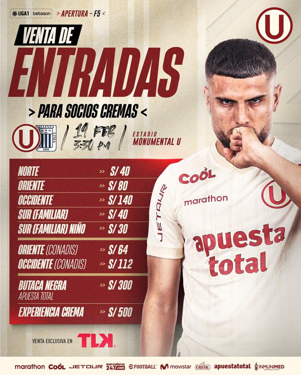 Precio de las entradas para el Universitario vs. Alianza Lima.