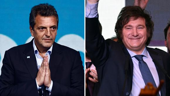 Los candidatos a las presidenciales de Argentina en 2023, Sergio Massa y Javier Milei. (Fotos de Emiliano Lasalvia / Luis Robayo / AFP)