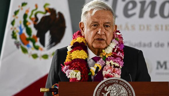El presidente de México, Andrés Manuel López Obrador, pronuncia un discurso durante la celebración del 700 aniversario de la fundación de la ciudad-estado azteca de Tenochtitlán, el 13 de mayo de 2021. (Foto de PEDRO PARDO / AFP).