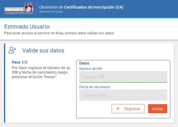 Esta es la ventana para obtener el certificado de inscripción (Foto: Reniec)