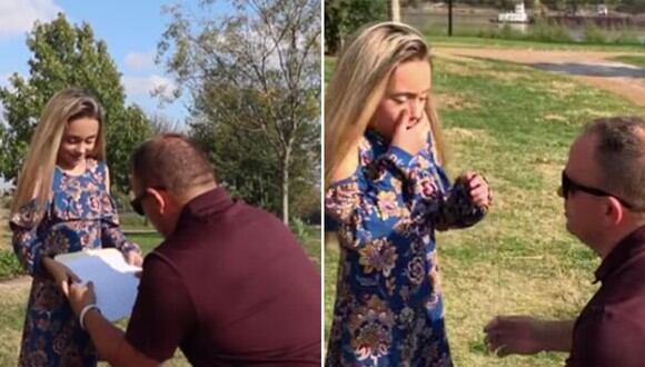 Un bombero de Estados Unidos cumplió el deseo de la hija de su esposa de que la adoptara imitando una propuesta frente a su familia y amigos. (Foto: Tim Bobbitt en YouTube)