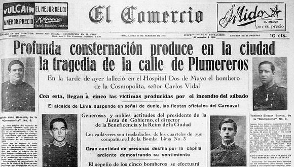 Así informó El Comercio sobre la muerte de los bomberos atrapados en el incendio de la calle de los Plumereros. Foto: GEC Archivo Histórico