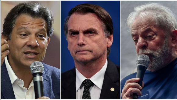 El candidato del Partido de los Trabajadores, Fernando Haddad, y el ex mandatario, Lula da Silva, arremetieron contra su rival en las elecciones para la presidencia de Brasil, Jair Bolsonar (al centro). (Reuters/AFP/AP)