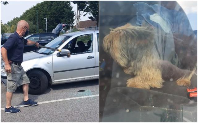 FOTO 1 DE 3 | La grabación difundida en Facebook demuestra que el sujeto tomó un hacha y rompió una de las ventanas del coche para poner a salvo al can de raza Yorkshire Terrier. | Foto: Samantha Heaver / Facebook (Desliza a la izquierda para ver más fotos)