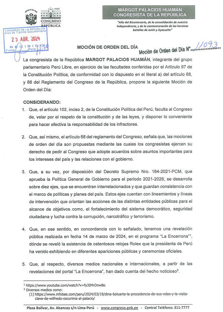Margot Palacios, de Perú Libre, pide una comisión investigadora contra Dina Boluarte por el caso Rolex.