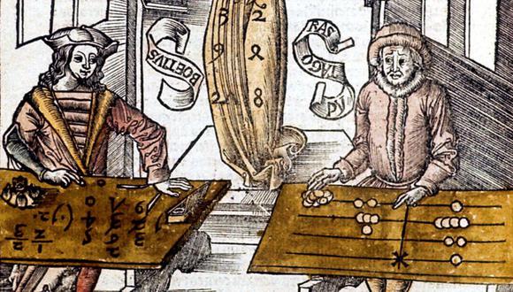 Pitágoras (derecha) usando una tabla de conteo, compite contra Boecio (Boece) usando algoritmos de velocidad en el cálculo. De Margarita Philosophica. (Basilea, 1508) (GETTY IMAGES)