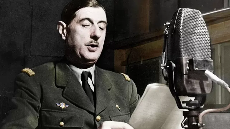 Charles de Gaulle in a BBC studio in London on June 18, 1940. GETTY IMAGES