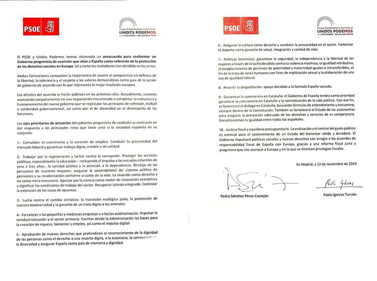 Acuerdo alcanzado y firmado por PSOE y UP. (Foto: Twitter)