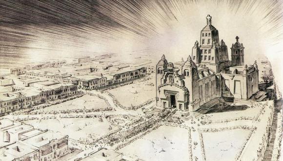 La imponente basílica de santa Rosa de Lima imaginada por Héctor Velarde y Manuel Piqueras Cotolí en los años treinta. [Ilustración: En “arquitectura para una ciudad fragmentada”]