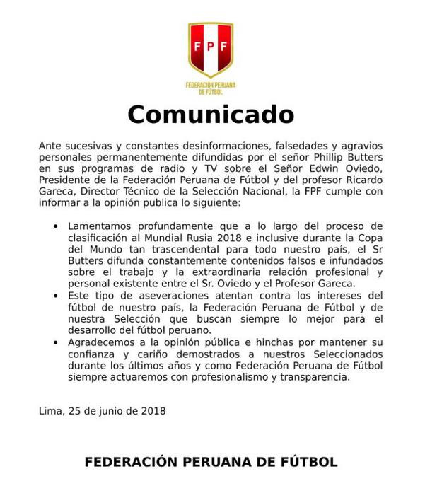 Comunicado FPF sobre Phillips Butters. (Foto: FPF)