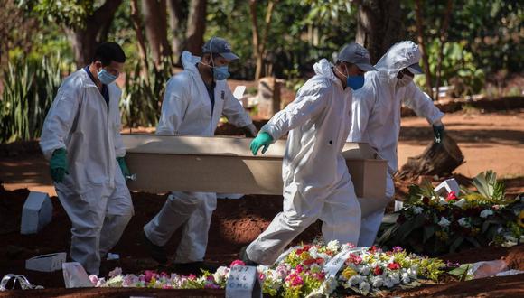 Empleados cargan el ataúd de una persona que murió por coronavirus COVID-19 en el cementerio de Vila Formosa, en las afueras de Sao Paulo, Brasil, el 20 de mayo de 2020. (Foto de NELSON ALMEIDA / AFP).