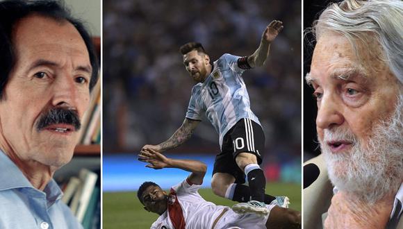 El peruano Julio Ramón Ribeyro (izquierda) y el argentino Osvaldo Bayer (derecha), ambos escritores aficionados del 'deporte rey'. En el centro Lionel Messi y Wilber Cartagena se miden las fuerzas en un partido durante las eliminatorias del Mundial de Fútbol 2018. Este 14 de octubre las selecciones del Perú y Argentina se vuelven a medir las fuerzas. (Foto: Composición Sergio Urday/GEC/AFP)