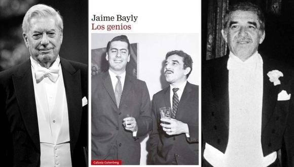 Al centro, la portada de "Los genios" de Jaime Bayly. En los extremos, Mario Vargas Llosa y Gabriel García Márquez, fotografiados cuando recibieron el Premio Nobel de Literatura.