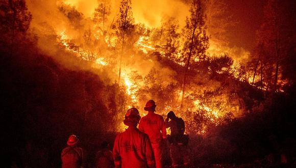 Un grupo de bomberos mientras combatía el fuego cerca de Ladoga, California, en agosto. El incendio afectó parte del Complejo de Incendios de Mendocino y quemó más de 166.000 hectáreas. (Noah Berger/Associated Press).