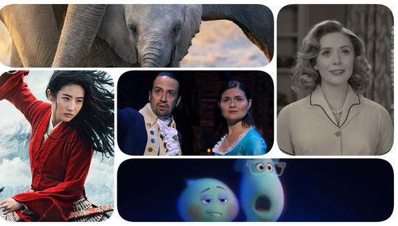 Disney+ y algunos de sus contenidos exclusivos: "Elephant", "Wandavision", "Mulan", "Hamilton" y "Soul". Fotos: Disney.