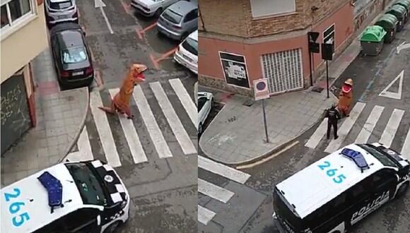 El hombre se disfrazó de T-Rex e intentó burlarse del estado de alarma impuesto en España. | Foto: Policía de Murcia