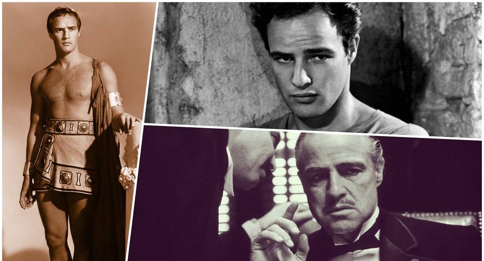 En sentido horario, Marlon Brando como Marco Antonio en "Julio César (1953), como Stanley Kowalski en "Un tranvía llamado Deseo" (1951) y Vito Corleone en "El padrino" (1972).