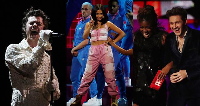 De izquierda a derecha: Harry Styles,  Mabel y Clara Amfo y Niall Horan durante los primeros minutos de los Brit Awards 2020.