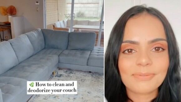 En esta imagen se aprecia el momento en que una mujer revela su truco para “limpiar y desodorizar” un sofá. (Foto: @carolina.mccauley / TikTok)