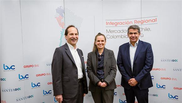 Los líderes de la Bolsa de Santiago, Bolsa de Valores de Colombia y del Grupo BVL dieron a conocer los acuerdos. (Foto: BVL)