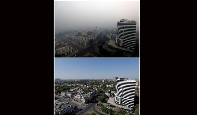 Imagen comparativa muestra edificios el 8 de noviembre de 2018 y después de que el nivel de contaminación del aire comenzó a disminuir durante la cuarentena nacional de 21 días para frenar la propagación de la enfermedad por coronavirus (COVID-19), en Nueva Delhi, India. (Foto: Reuters/Anushree Fadnavis/Adnan Abidi/Archivo)