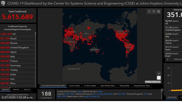Mapa del coronavirus en el mundo en tiempo real hoy miércoles 27 de mayo: contagiados y muertos. (Johns Hopkins University).