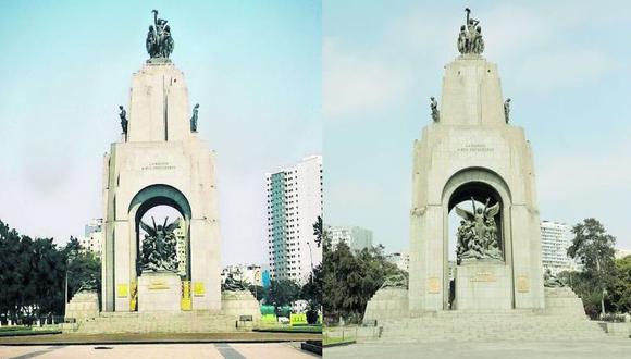 Imágenes comparativas, una de archivo y la otra tomada ayer, muestran la sustracción de las piezas en el Monumento a los Héroes del 41. (Foto: Paseos Históricos por Lima / Anthony niño de guzmán)