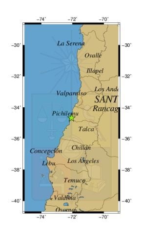 Referencia geográfica del sismo a 24 km al N de Vichuquén.