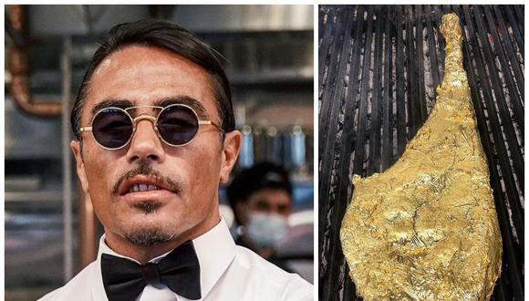 El chef turco Salt Bae y uno de sus platos más populares de su restaurante: el bistec bañado en oro . (Foto: Instagram)