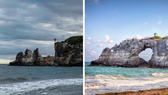 Punta Ventana antes (dcha) y después (izda) del terremoto del lunes. (Foto: AFP/ Getty Images, via BBC Mundo)