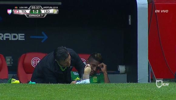 Pedro Aquino había anotado su primer gol con la camiseta del León en el duelo ante Toluca. Sin embargo, la felicidad se desvaneció luego de que sufriera una lesión. (Foto: captura de pantalla)