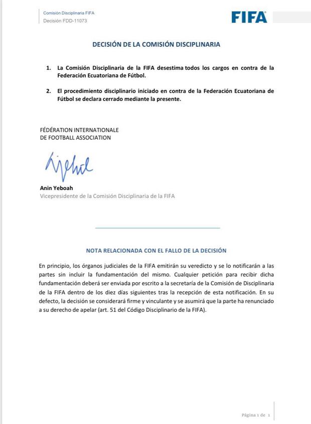 Documento presentado por FIFA sobre el caso Byron Castillo.