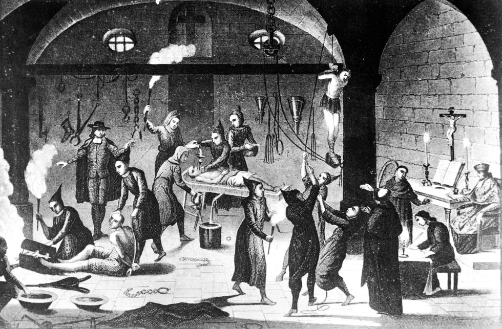Imagen que data de 1520, aproximadamente, en la que se ve a la Inquisición española torturando a un grupo de protestantes.