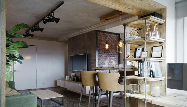 Armonía natural El uso de madera con vetas expuestas en columnas y pisos genera un aspecto natural en el departamento. Por otro lado, se utilizó una iluminación puntual amarilla para separar la cocina del resto de estancias. Armonía natural El uso de madera con vetas expuestas en columnas y pisos genera un aspecto natural en el departamento. Por otro lado, se utilizó una iluminación puntual amarilla para separar la cocina del resto de estancias. (Foto: Evgeniy Kuzemko. www.behance.net/Evhenii_Kuzemko).