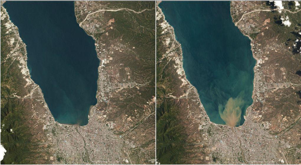 Dos imágenes tomadas de la isla de las Célebes, epicentro del terremoto del viernes 28 de noviembre: una es del 22 de setiembre (izquierda) y la otra del 1 de octubre. (Reuters).