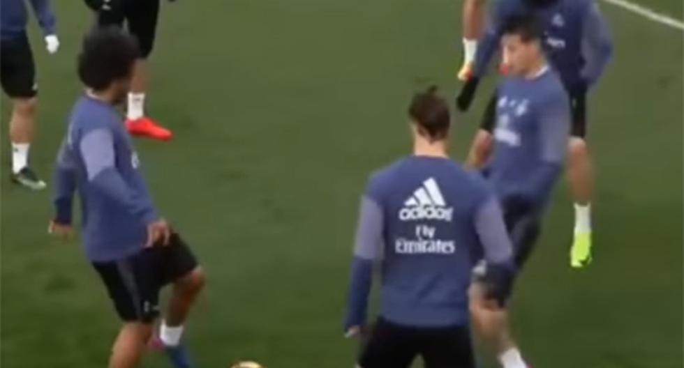 Cristiano Ronaldo y James Rodríguez no se escaparon de las bromas de sus compañeros durante un entrenamiento del Real Madrid para el partido ante Las Palmas. (Foto: Captura - YouTube)