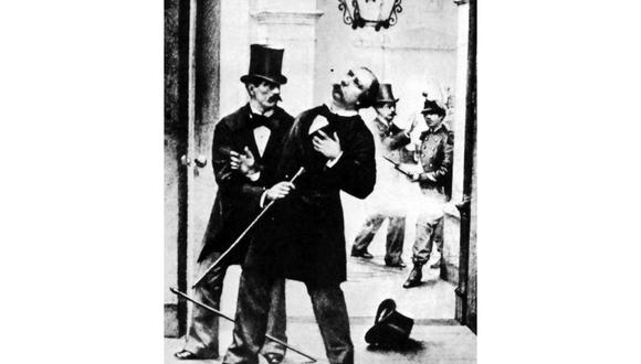 Manuel Pardo en un grabado que muestra el momento en que recibe el impacto del fusil que le causó la muerte. (Imagen: Henri Michel, Le Monde Illustre, Paris, 1878)