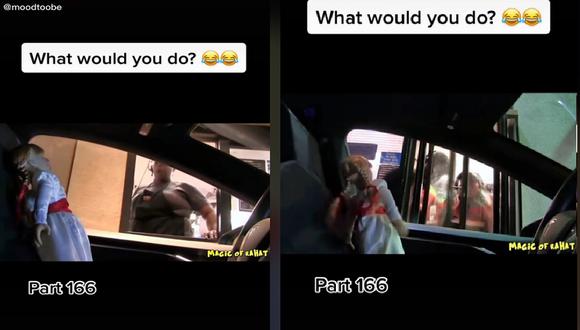 Muñeca Annabelle causa terror en las estaciones de autoservicio y video se hace viral | VIDEO (Foto: TikTok/moodtoobe).