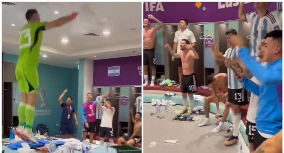 Celebración del plantel de Argentina en el camerino tras vencer a México. (Foto: Captura)