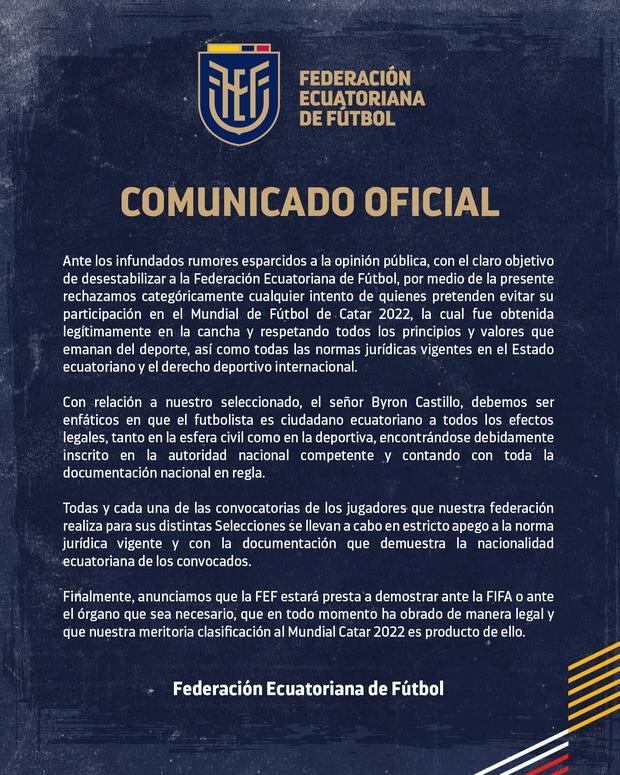 El comunicado de la Federación Ecuatoriana de Fútbol sobre Byron Castillo.