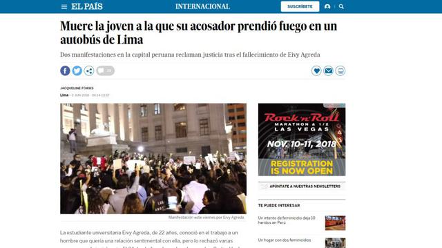 La muerte de Eyvi Ágreda informada por El País de España.