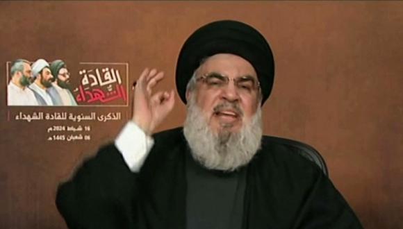 El líder del movimiento chiita libanés Hezbollah Hassan Nasrallah pronunciando un discurso televisado el 16 de febrero de 2024. (Foto de Al-Manar / AFP)